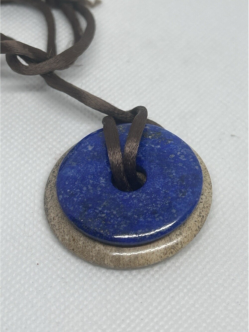 Boho Blue Tan Double Donut Pendant Necklace Adjustable Brown Cord Unbranded